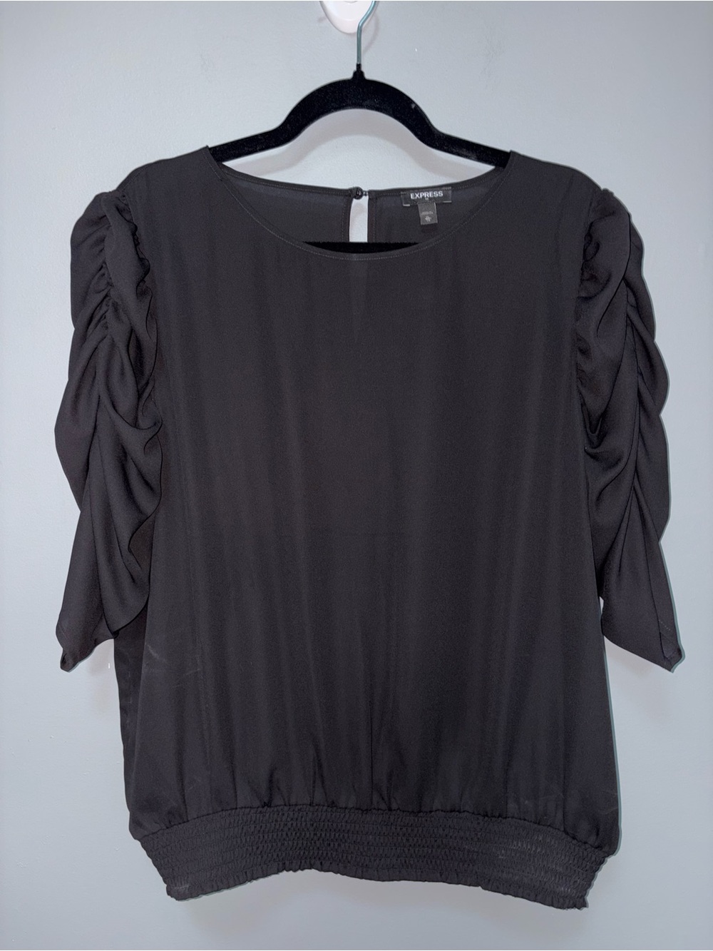 Express Elegant Black Ruched Puff-Sleeve Smocked-Hem Lightweight Blouse Size XL